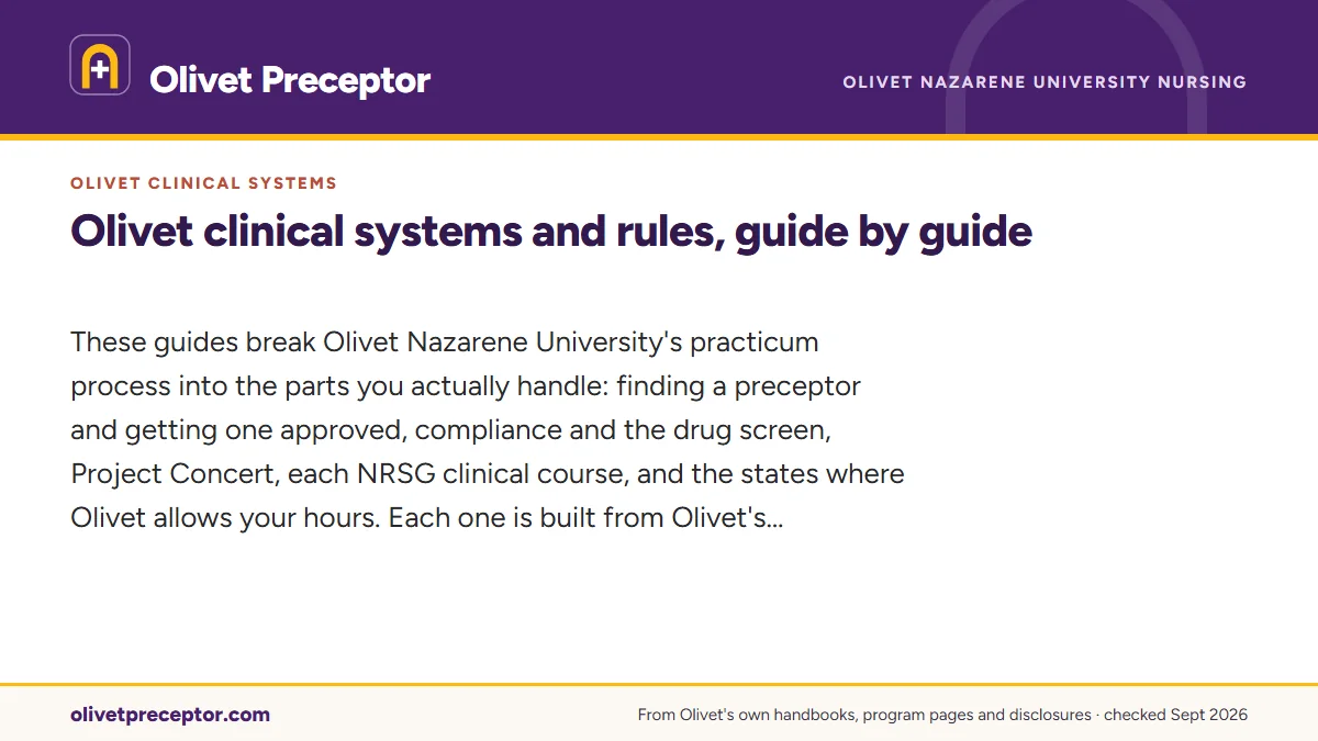 Olivet clinical systems and rules, guide by guide. These guides break Olivet Nazarene University's practicum process into the parts you actually handle: finding a preceptor and getting one approved, compliance a